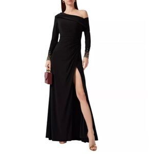 NWT Mac Duggal Beaded Cuff Drop Shoulder Faux Wrap Lined Gown Dress Women's 2